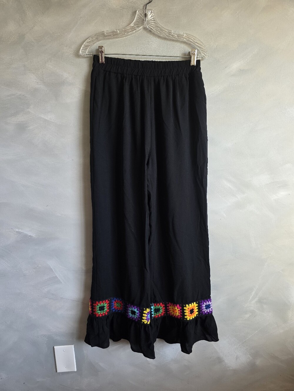 Festival Chic Crochet Patchwork Wide Leg Ruffle Pants Black Sz L Lightweight
